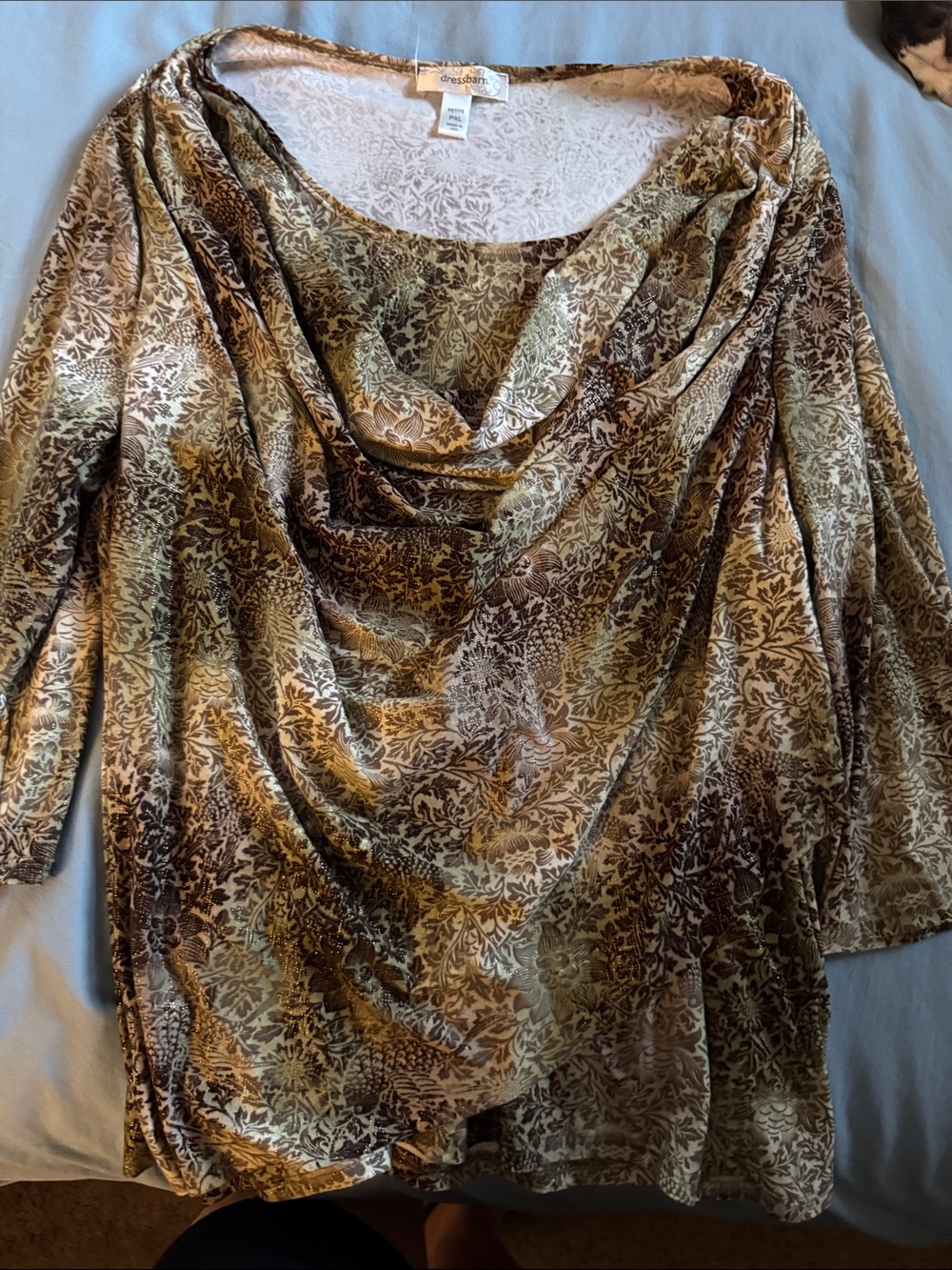 dressbarn Petite Floral Print Scoop Neck Top in Olive & Brown